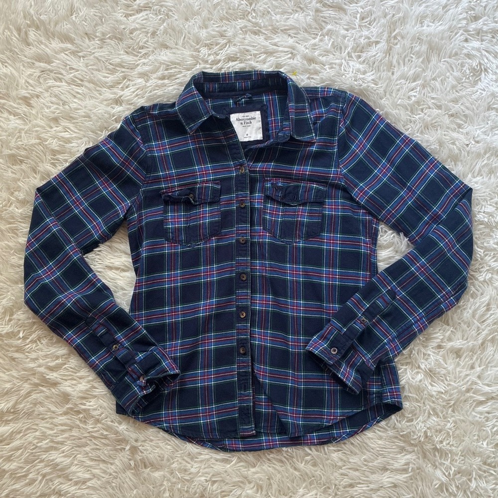 Abercrombie & Fitch Womens Navy Blue Plaid Flannel Button Down Shirt Size M